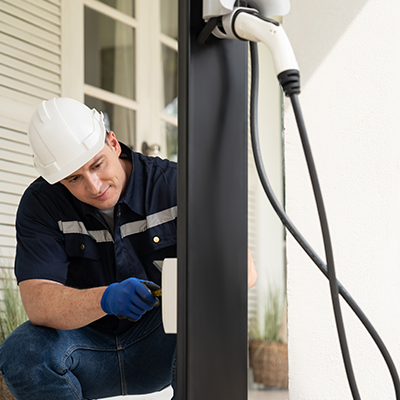 Electrician in protective gear installing an electric vehicle charging unit at a residential property.